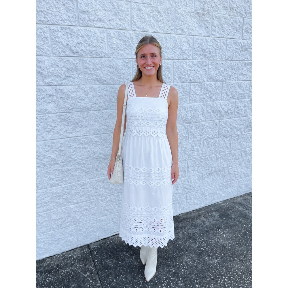 J. Crew White Eyelet Midi Dress Sz 8 Embroidered Square Neck 100% Cotton